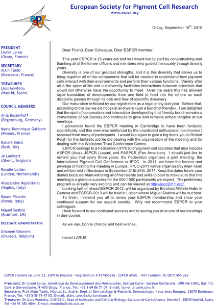 ESPCR Presidents letter (welcome address for 2011)